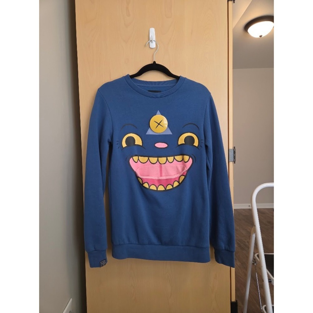Drop Dead Clothing Blue Monster Face Sweatshirt Tongue Pocket Mens Rare Crewneck
